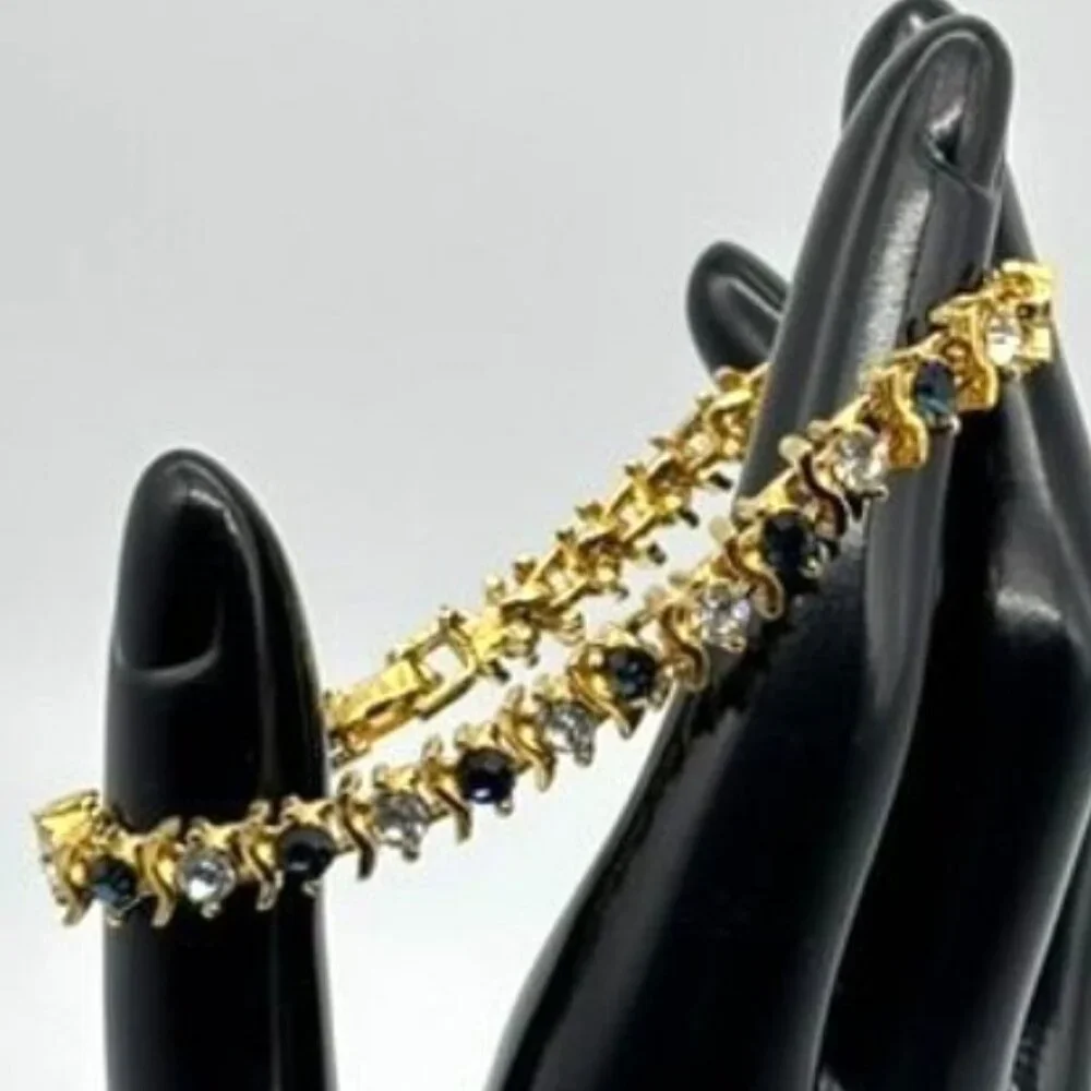Vintage Gold Tone Metal and Faux Sapphire Faux Diamond Tennis Style Bracelet 80s - Picture 6 of 13